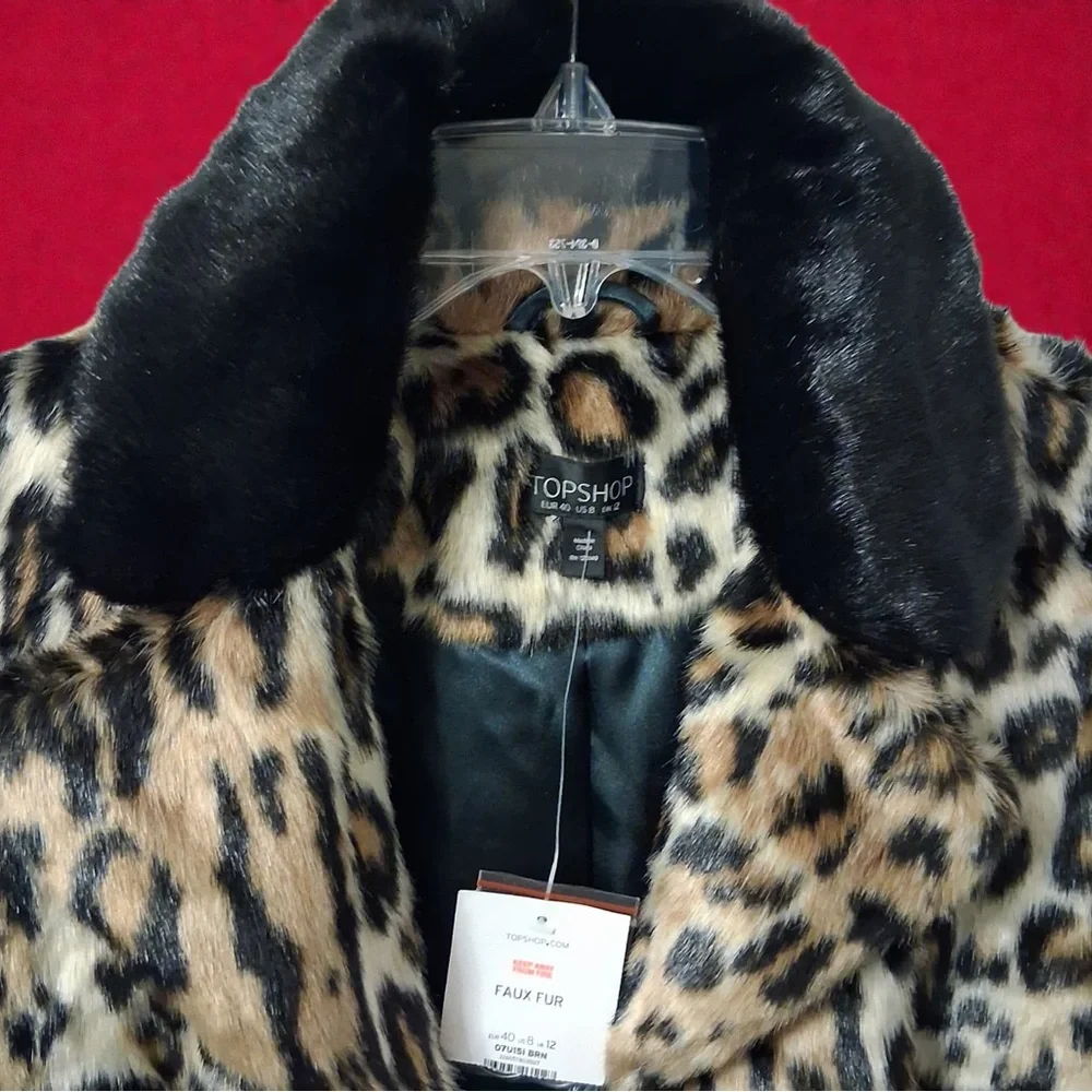 TOPSHOP Leopard Print Faux Fur Coat Mid-Length Mob Wife Style Women Size: 8